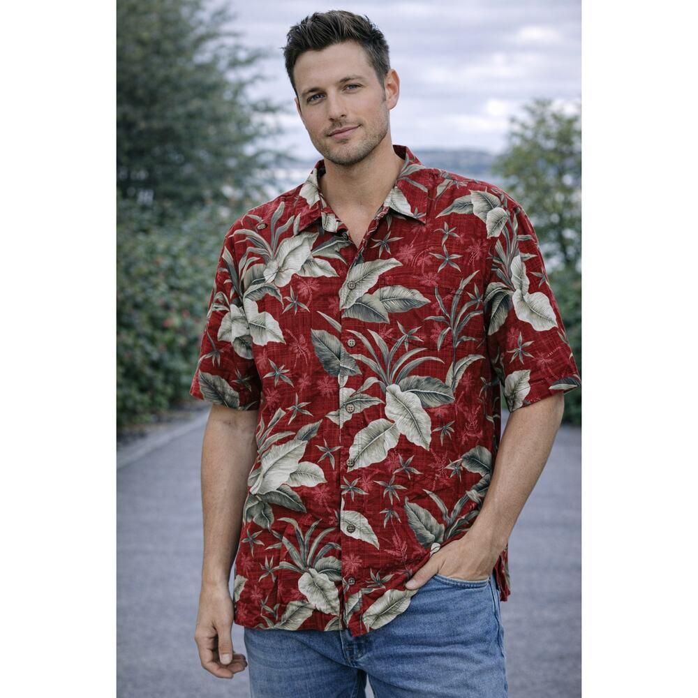 Island‎ Shores Hawaiian Shirt Mens Large Red Tropical Rayon Aloha Button Up